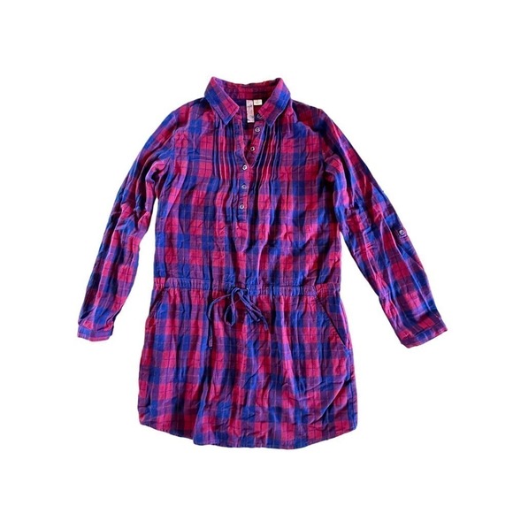 Women's Alya red/blue plaid print tunic dress. Cinched tie waist. Size Small - Picture 2 of 8